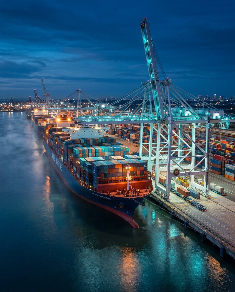 Container ship at a deep-water port at dusk